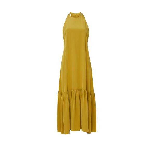 Tibi Eco Silk Yellow Sleeveless Halter Flounce Shift Midi Dress Size 8 - Picture 4 of 12